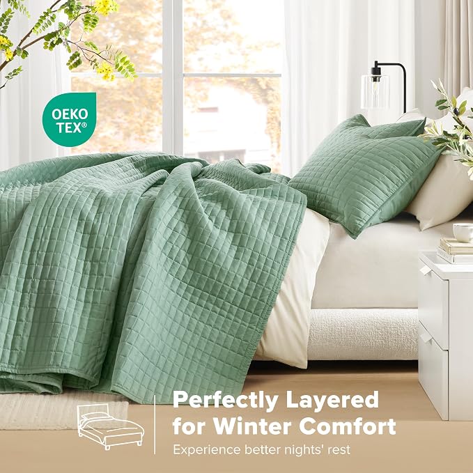 Comfort Spaces Oversized Bedspread King Quilt Set 3P 120 x 118 Sage Green | Coverlet for Summer Soft Cozy Lightweight All Season Quilted Extra Layer with Matching Sham, Bedroom Decor OEKO-TEX Certified