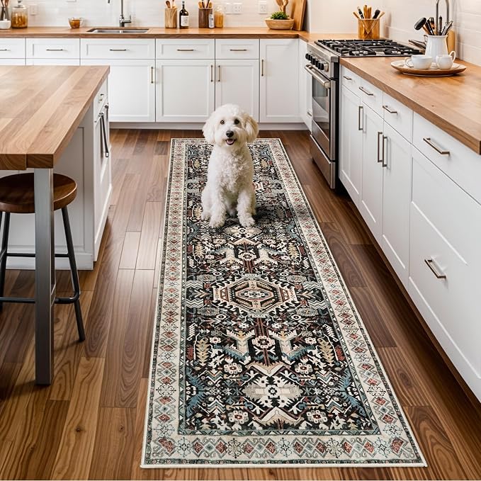 Washable Kitchen Runner Rug - 3x8 Hallway Rug Distressed Mats Non-Slip Soft Room Floor Carpet for Dining Room (Black,3x8)
