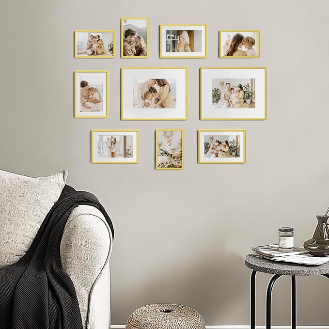 eletecpro Aluminum Gallery Wall Frame Set of 10 with Glass Cover, Gold | 2Pcs 8x10, 4Pcs 5x7, 4Pcs 4x6 Photo Frames, Multiple Sizes Picture Frames Collage Wall Decor or Tabletop