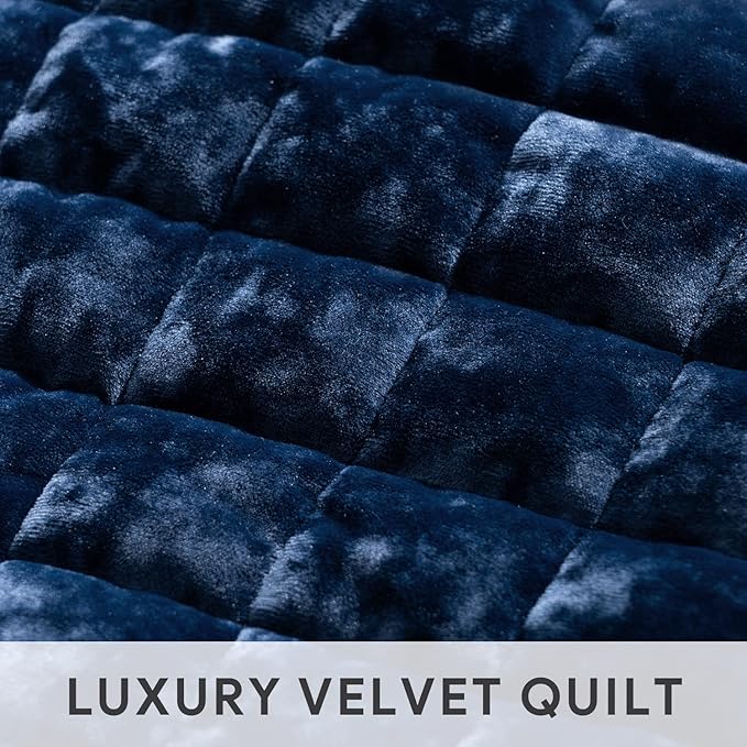 RECYCO Channel Box Stitch Velvet Quilt Set, Twin/Twin XL Size, Navy Blue | Ultra Soft Lightweight Velvet Comforter, Luxury Oversized Bedspread Coverlet, Quilted Bedding Set for All Season with 1 Sham