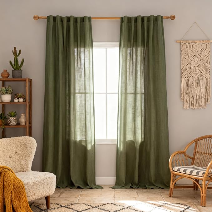 MYSKY HOME Extra Long Sheer Curtains Farmhouse, Sliding Door Curtain for Living Room Light Filtering Privacy Protect Soft Linen Blend Back Tab Window Drapes, 50" x 108", Olive Green, 2 Panels
