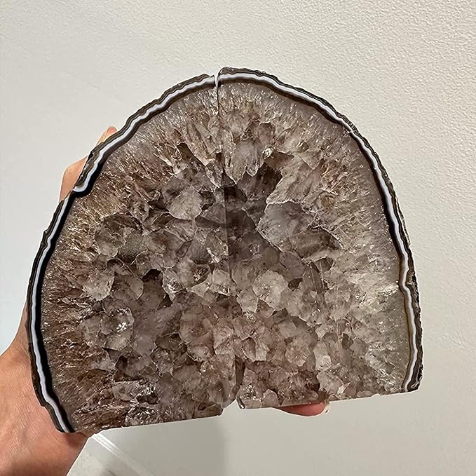 JIC Gem Black Agate Geode Bookends Rubber Bumpers Heavy Stoppers 4-6 Lbs | Heavy duty crystal Book ends Heavy Book stoppers Home office Shelf Decor Polished gemstone decorative bookends