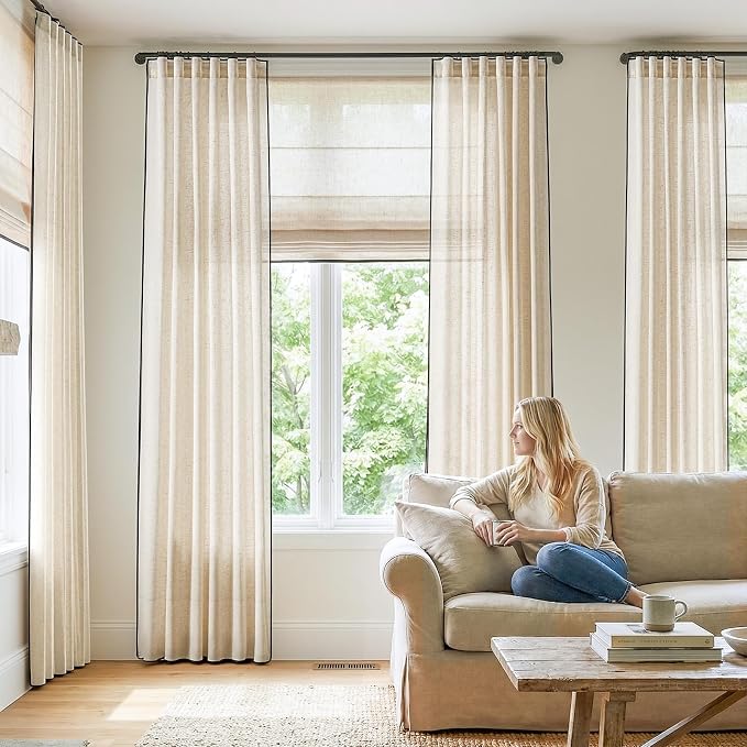 jinchan Beige Linen Curtains with Black Trim Back Tab 50 x 90 Inch 2 Panels | Semi sheer light filtering, modern farmhouse curtains for living room and bedroom, back tab rod pocket, machine washable