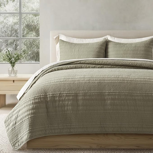 EVERGRACEHOME 100% Cotton Modern Lines Quilt Set King Size, Light Sage | Pre-Washed Soft Cotton, Striped Coverlet Bedspread, 3 Piece Lightweight Bedding Set for All Season, with 2 Pillow Shams