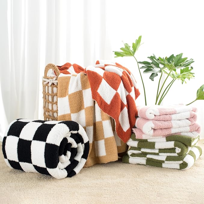 Carriediosa Checkered Throw Blanket 60x80, 400GSM Ultra Soft Microfiber | Taupe, Fuzzy Fluffy Cozy Plush Knit Knitted Plaid Checker, Lightweight Cute Preppy Fall Blankets & Throws for Couch, Bed