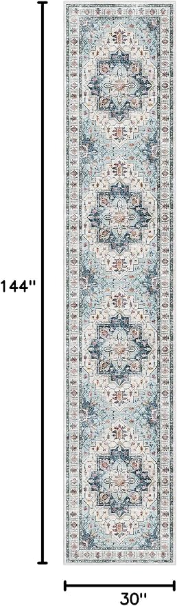 Madane Hallway Runner Rug 2'6''x12' Kitchen Runners Vintage, Blue | Non-Slip Washable Rugs 12ft for Laundry Room, Entryway and Bedroom, Soft Low Pile Stain-Resistant Wide 2.5x12 Ft Floor Carpet