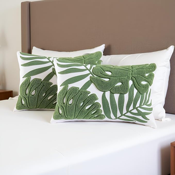 Embroidered Throw Pillow Covers 12x20 Set of 2 Green Botanical Leaf