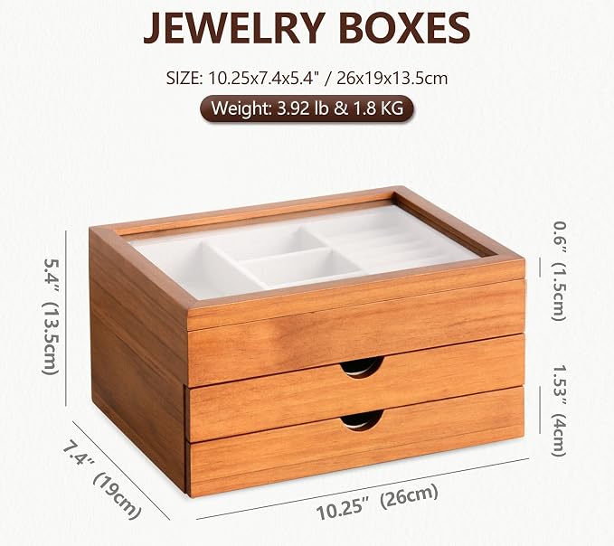Clasin Home Jewelry Box with Glass Lid, 3 Layer Jewelry Organizer for Women, Solid Wooden Jewelry Box Display for Ring Earrings Necklace Bracelet, Pine Wood Jewelry Boxes Vintage Style for Gifts