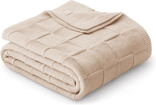 Whale Flotilla Checkered Knit Throw Blanket for Couch, Camel | Soft Decorative Knitted Blankets for Couch Sofa Bed, Lightweight Cozy Throws for Spring Summer, 60x80 Inch