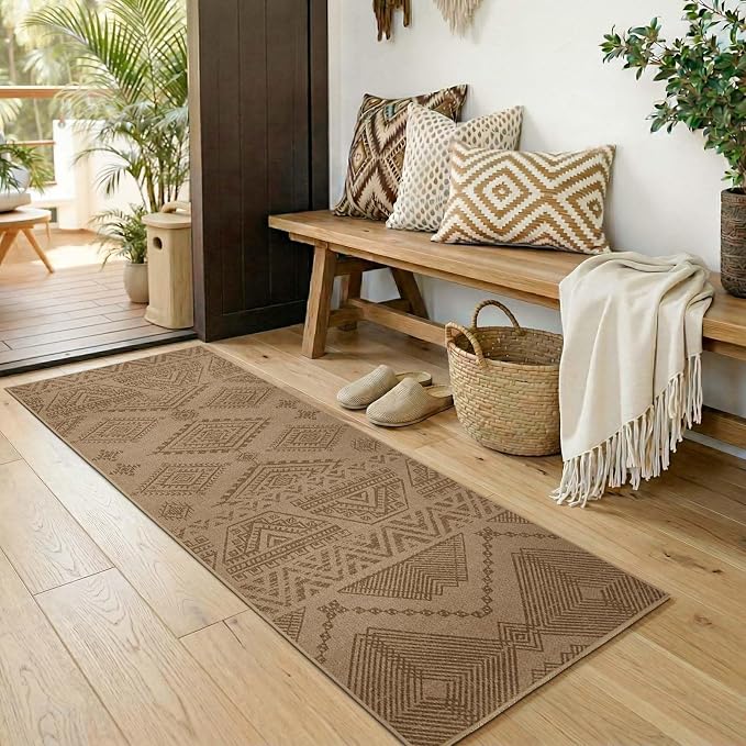 jinchan 2x6 Faux Jute Runner Rug Washable Boho Hallway Rug, Natural Taupe | Southwestern Geometric, Non-Slip Low Pile, Indoor Outdoor, High-Traffic, Kitchen, Bathroom, Laundry, Porch, Balcony, Entryway