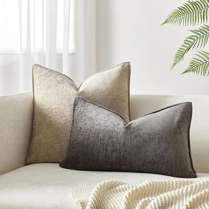 JUSPURBET Set of 2 Dark Grey Chenille Lumbar Throw Pillow Covers 16x24 Inch Soft Textured Decorative Cushion Cases for Couch Sofa Bed Solid Home Decor Pillowcases