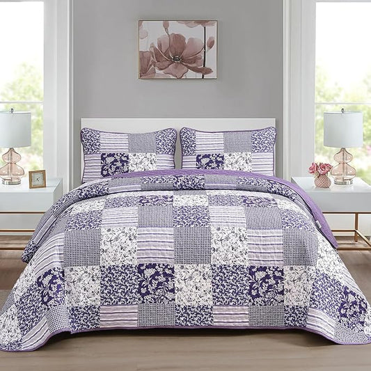 Mybedsoul Purple Quilt Set Full Size, Patchwork Floral Bedding Set | Soft Lightweight Microfiber Reversible Coverlet Set, 3 Pieces Plaid Bedspread, Bed Sets for All Seasons 78"x90"