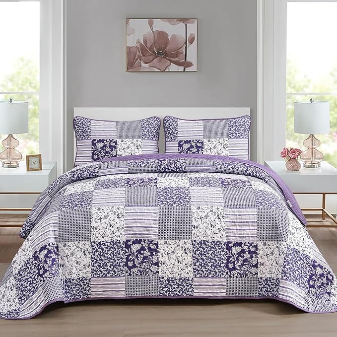 Mybedsoul Purple Twin Quilt Dorm Bedding, Patchwork Floral Bedding Set | Soft Lightweight Microfiber Floral Coverlet Set, 2 Pieces Plaid Reversible Bedspread, Bed Sets for All Seasons 68"x86"