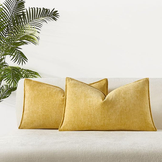 JUSPURBET Set of 2 Yellow Chenille Lumbar Throw Pillow Covers 16x24 Inch Soft Textured Decorative Cushion Cases for Couch Sofa Bed Solid Home Decor Pillowcases