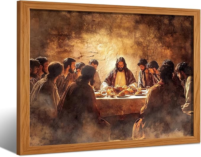 AUUAUU The Last Supper Wall Art, Wood Framed Jesus Religious Canvas Painting, Vintage Christian Wall Decor for Living Room Bedroom, 16x24 Inches Ready to Hang