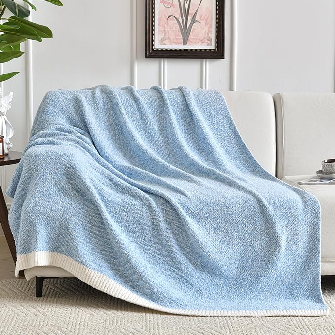 Chunky Knit Boucle Throw Blanket, Soft Washable Coastal Blanket for Bed Couch, Lightweight Cozy Oversized Feather Knit Blanket Indoor Outdoor for Sofa (Blue, Twin 60"x80")