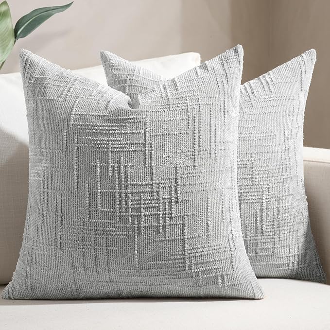 Softalker Textured Chenille Throw Pillow Covers Set of 2, 18x18 Grey Decorative Cushion Covers, Soft Cozy Slubby Texture for Modern Farmhouse Sofa Couch Bed