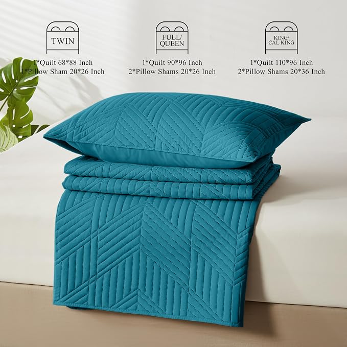 Davulos Twin Quilt Set,Teal Lightweight Reversible Bedspread for All Seasons,Soft Modern Microfiber Geometric Coverlet for Dorm Room or Guest Bedroom(1 Quilt,1 Pillow Sham)