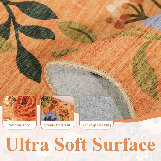 DUKINO 6x9 Area Rugs, Floral Washable Rug for Living Room Non Slip, Orange | Low Pile, Stain Resistant, Soft Indoor Large Rugs for Bedroom, Dining Room, Kids Playroom, Nursery, Pet Friendly, Home Decor