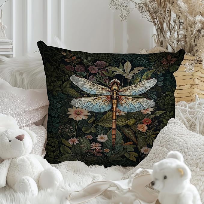 Moody Floral William Morris Dragonfly Pillow Covers 18x18, Dark Cottagecore Room Decor, Dark Academia Botanical Floral Throw Pillow Covers for Home Bedroom, Dragonfly Gifts for Women