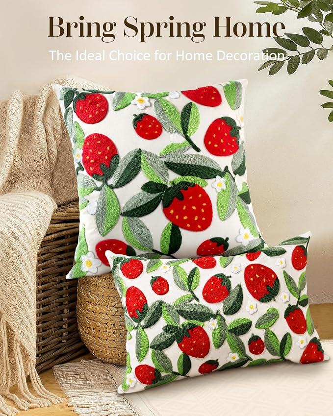 Embroidered Throw Pillow Cover - 20x20 Decorative Pillow Cover with Zipper Aesthetic Cute Design Boho Spring Summer Throw Pillowcase for Living Room Couch Sofa Bed, Leaf Strawberry