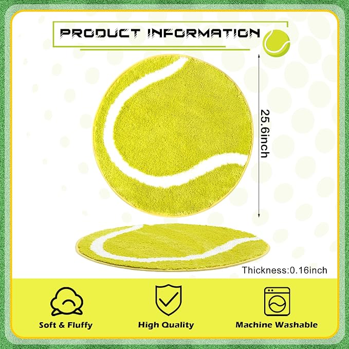 Funtery 25.6 Inch Tennis Ball Decor Gifts Tennis Ball Rug for Bathroom Plush Soft Round Green Mat Sports Washable Room Carpet for Bathroom Bedroom Home Decorative Door Mat Favor Gift