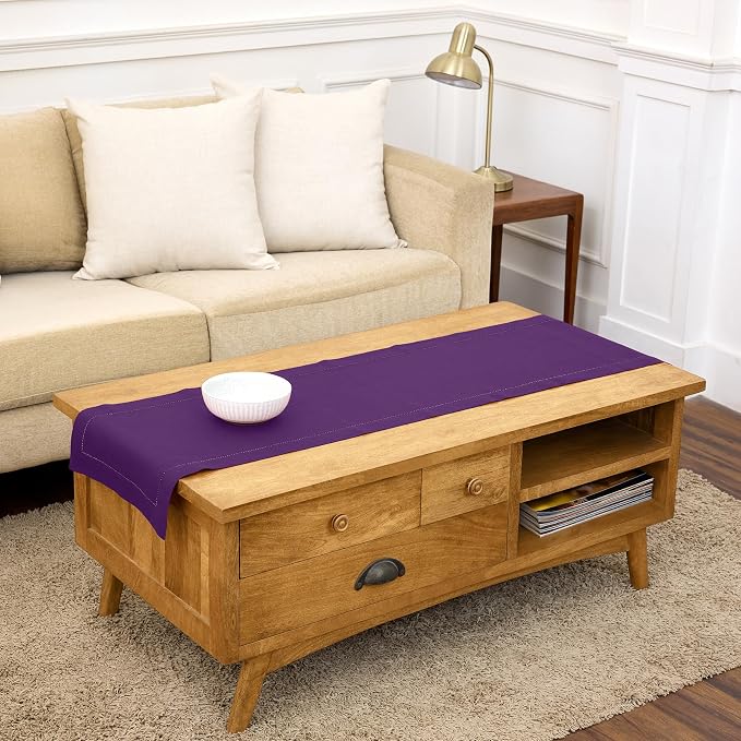 Solino Home 100% Linen Table Runner Purple, Classic Hemstitch 14 x 60 in | brings a tailored look to family meals and hosting, hemstitched border, mitered corners, machine washable, OEKO-TEX Certified