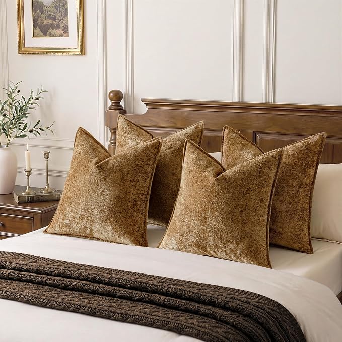 a moment Throw Pillow Covers 26X26 Inch 4 Packs,Soft Velvet Decorative Pillow Cases with 3D Ice Flower,Texture Modern Accent Cushion Covers for Sofa Couch Home Decor Golden Brown