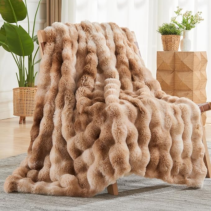 NEWCOSPLAY Faux Fur Bubble Twin Blanket for Couch, Tie-Dye Beige, 60"x80" | Fluffy Soft Thick Warm Bubble Blanket for Couch Sofa Bed 700GSM, Plush Cozy Luxury Decorative Throw, Gift for Women Men