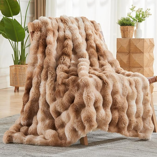 NEWCOSPLAY Faux Fur Bubble Throw Blanket for Couch, Tie-Dye Beige, 50"x60" | Fluffy Soft Thick Warm Bubble Blanket for Couch Sofa Bed 700GSM, Plush Cozy Luxury Decorative Throw, Gift for Women Men