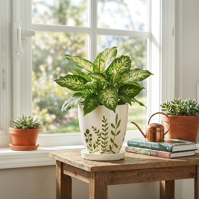 MPotTo Ceramic Pots for Plants - 6 Inch Plant Pot for Indoor Outdoor Plants, Ceramic Planter with Drainage Hole and Saucer, Decorative Round Planter, Gifts for Plant Lovers, Home Room Decor, White