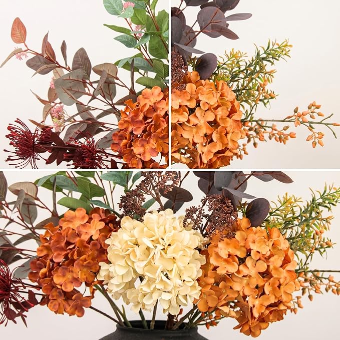 Fall Centerpieces for Tables - Burnt Orange Hydrangea & Eucalyptus Stems | Large Faux Floral Arrangement, Real Touch Artificial Fall Flowers for Thanksgiving & Autumn Dining Table