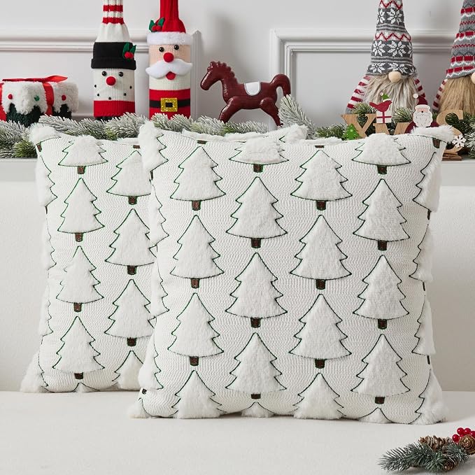 UGASA Christmas Tree Pillow Covers 20x20 Inch Set of 2 Soft Plush Faux Fur Luxury Embroidery Decoration Pillowcases for Couch Sofa Holiday Festivals Winter Xmas Gift, Cream White & Green
