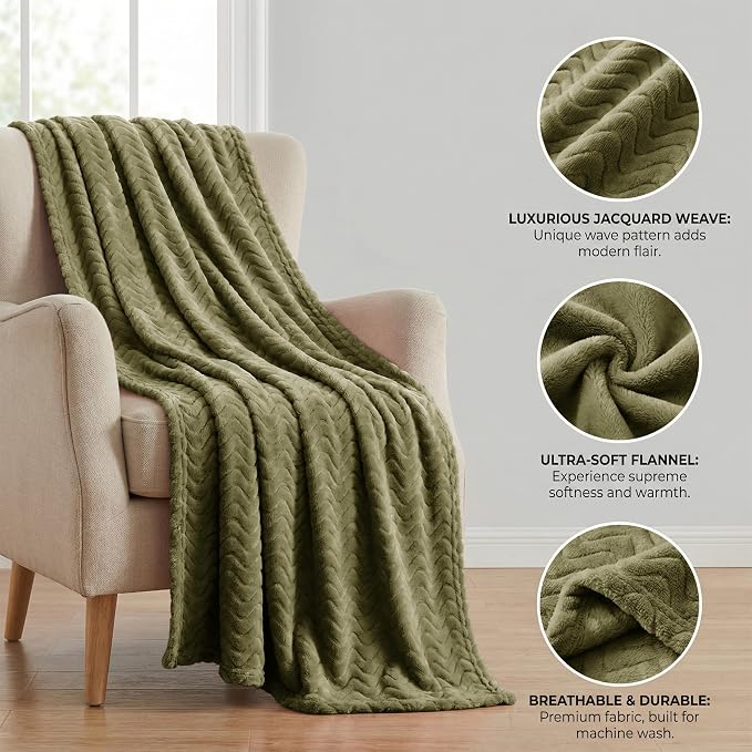 Exclusivo Mezcla Large Fleece Throw Blanket for Couch, Sofa, Olive Green | 50"x70" Soft Breathable Lightweight Flannel Throws for Summer, Plush Cozy Jacquard Wave Blanket for Home Decor
