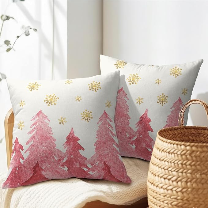 Christmas Tree Throw Pillow 22x22 Inch Set of 2 Cover Winter Christmas Pillowcase Pink Trees Golden Snowflake Decorative Cushion Cover Holiday Rustic Tree Pillow Protector for Home Sofa