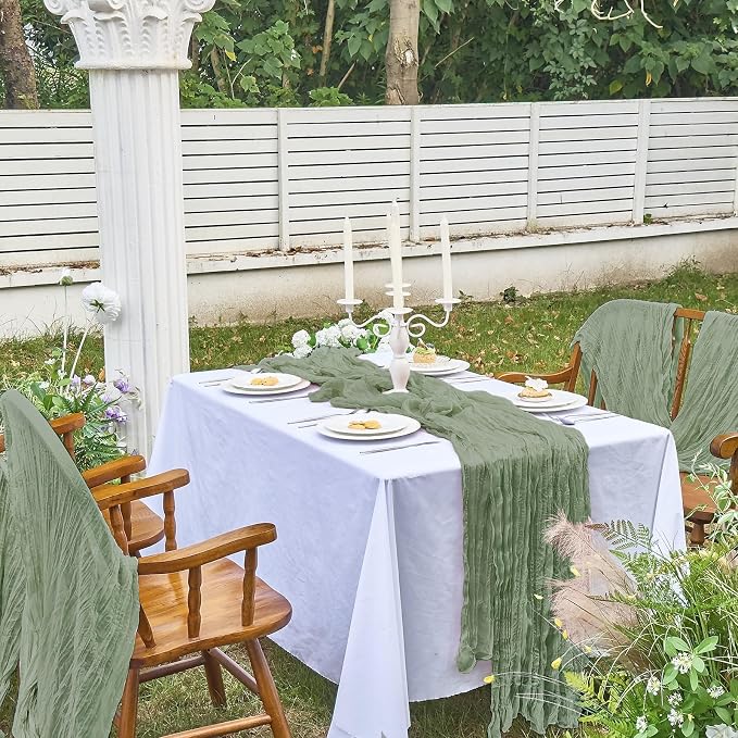 IVAPUPU Sage Green Table Runner 120 Inches for Birthday Party Home Decor | 6 Pcs Boho Gauze 10FT Cheesecloth Table Runners for Wedding Baby Shower Decorations Summer Garden Farmhouse