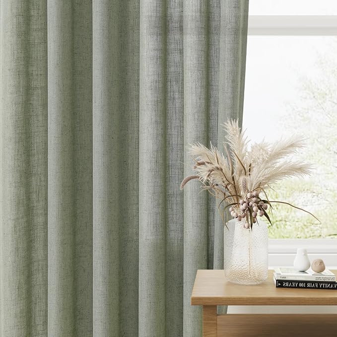 Sage Green Linen Curtains 90 Inch Length for Living Room Bedroom 2 Panels Set Rod Pocket Light Filtering Semi Sheer Window Curtains 52 Inch Width Boho Farmhouse Linen Drapes, W52xL90