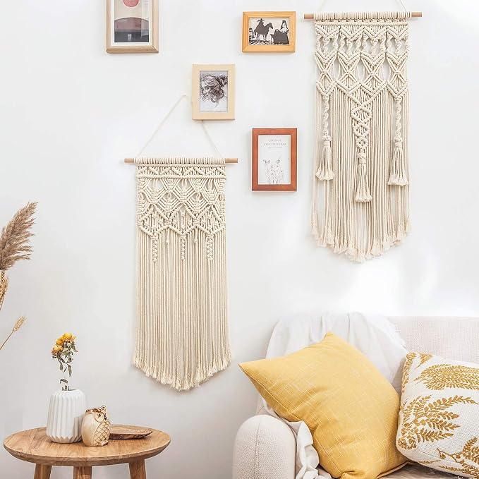 Mkono 2 Pcs Macrame Wall Hanging, Boho Woven Chic Tapestry Decor, Ivory