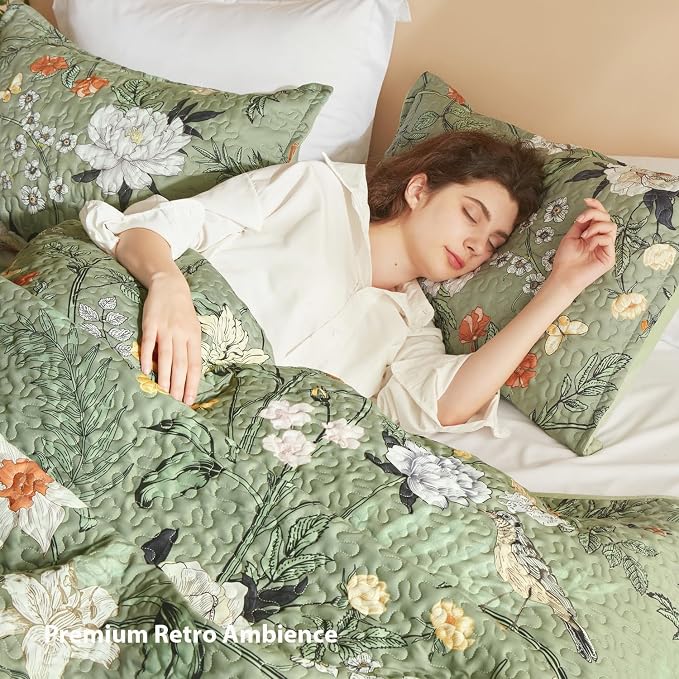 Litanika Floral Green Quilt King - 3Pcs Botanical Birds Bedding Set | Sage Bedspread Summer Lightweight Soft Coverlet for All Seasons(106"x96")