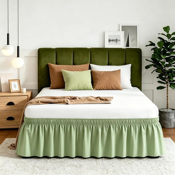 Vocander Sage Green Full Bed Skirt 14 Inch Drop, Elastic Wrap Dust Ruffle | Hides Underbed Storage, No Mattress Lifting, Elastic Stays Put, Soft Fabric, Machine Washable, Polished Look