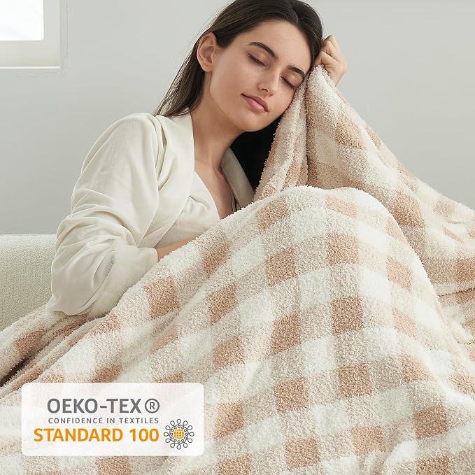 Snuggle Sac Checkered Throw Blanket for Couch, Super Soft Cozy Warm Knit Netural Decorative Fluffy Blankets, Reversible Buffalo Plaid Microfiber Throws for Sofa Bed, Plaid Beige, 50x60 Inches