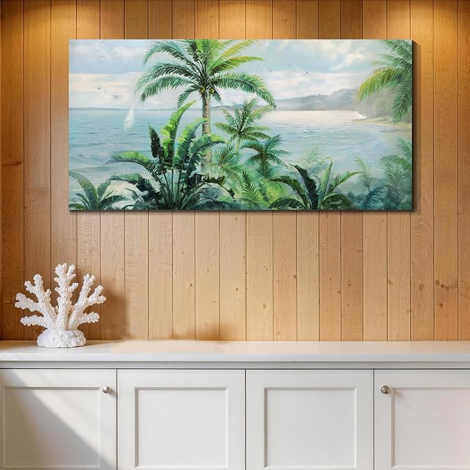 Anolyfi Palm Tree Green Tropical Canvas Wall Art for Living Room 48"x24" | Hand-painted Textured, HD Print, Waterproof Canvas, Easy to Hang, Durable and Colorfast, Suitable for Bedroom Home Decor