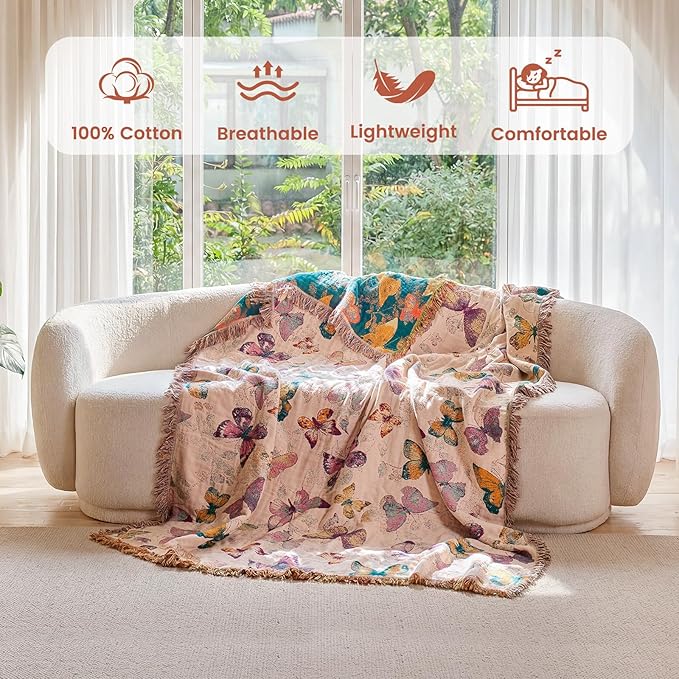 MSGKV Boho Throw Cotton Butterfly Blanket 60"x80" for Couch Sofa Decor | Muslin Blanket, Twin Size, Summer Breathable, All Seasons, Lightweight, Travel Friendly, Farmhouse Decor, Machine Washable
