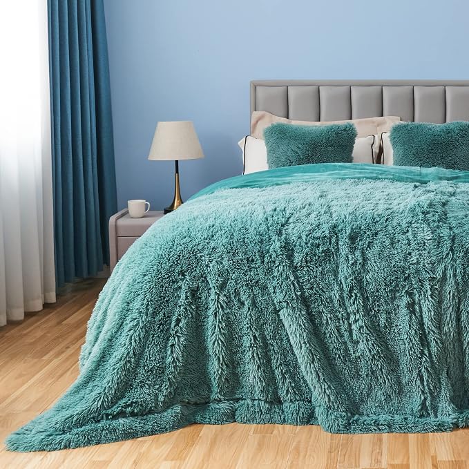 GONAAP Fuzzy Faux Fur Queen Blanket for Couch, Light Teal, 90"x90" | Warm Cozy Plush Shaggy Decorative Reversible Thick Non-Heated Fleece Blanket for Sofa Bed, Gift for Women Men, All Season Use