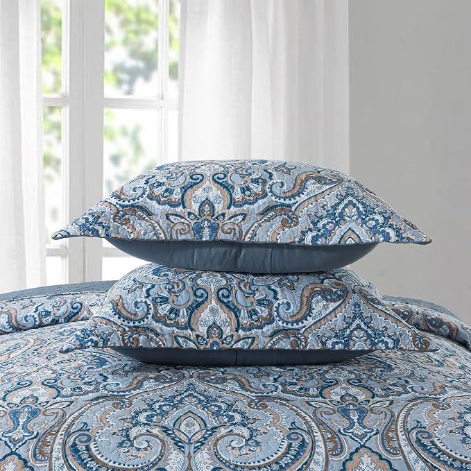 NEWLAKE Cotton Bedspread Quilt Sets-Reversible Patchwork Coverlet Set, European Grey Floral Pattern, Queen Size