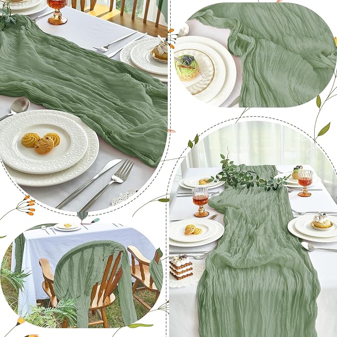 IVAPUPU Sage Green Table Runner 120 Inches for Birthday Party Home Decor | 10 Pcs Boho Gauze 10FT Cheesecloth Table Runners for Wedding Baby Shower Decorations Summer Garden Farmhouse