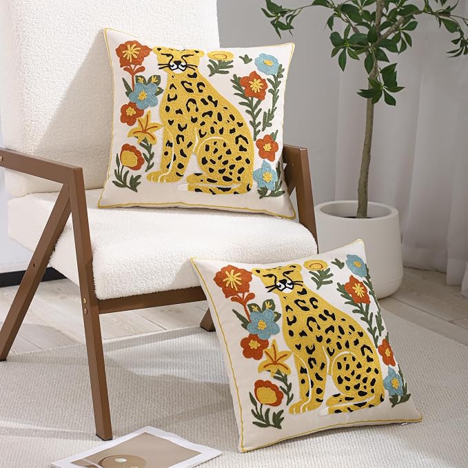Embroidered Throw Pillow Covers 18x18 Pack of 2 Yellow Leopard Pillow Covers Green Leaves with Floral Pillowcases Boho Pillow Cushion Cases Square Flower Pillowcase Summer Home Decor
