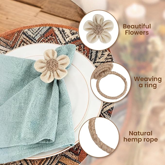 Napkin Rings Set of 12 Handmade Rustic Napkin Rings Reusable Boho Napkin Ring for Elegant Dining Table Decoration Perfect for Christmas, Thanksgiving, Wedding, Holiday, Everyday Use