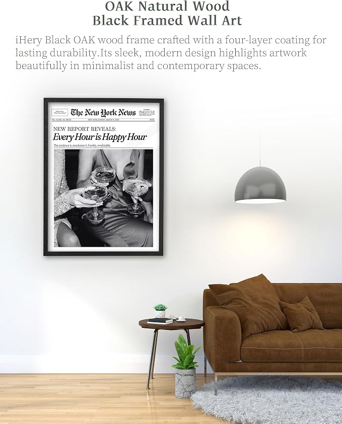 iHery 16x20in Every Hour Is Happy Hour Black Framed Newspaper Wall Art | Premium Black Natural OAK Wood Frame with Canvas Print, Retro Editorial Decor for Bedroom, Girl Dorm, Living Room 1Pack