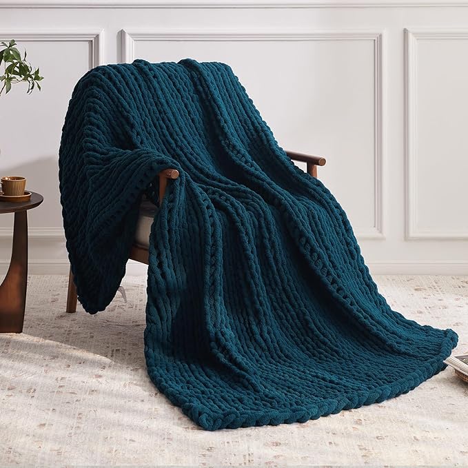 Chunky Knit Throw Blanket 60x80 Inch Chenille Yarn Handmade